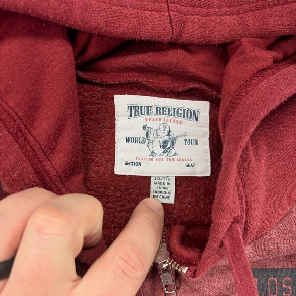 True Religion Full Zip Hoodie Men's 2XL Red Color Block Raglan Distressed Cali - Picture 8 of 11